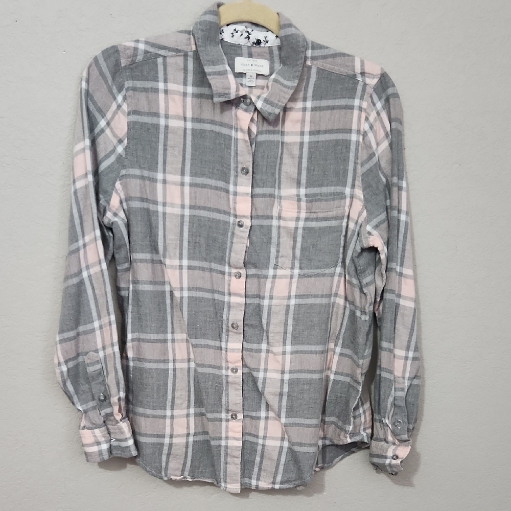 Lucky Brand Shirt Womens Size M Gray Light Pink Plaid Button-Up Shirt Long Sleve